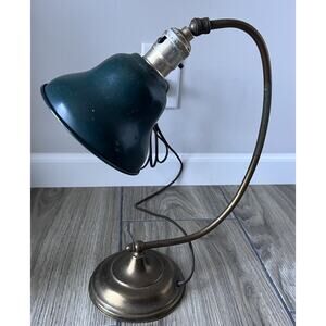 VINTAGE Curved Ark Crescent Arm Brass Lamp Green Metal Shade Banker Desk Lamp